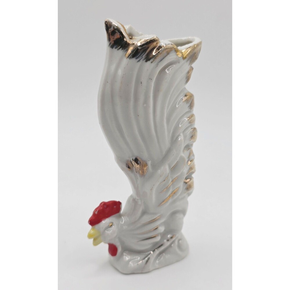 Vintage Rooster Chicken Minature Vase Japan Hand Painted Red Gold Red Porcelain